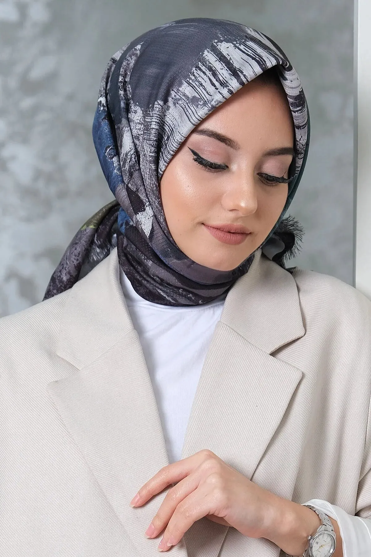 Afvente Women's Patterned Cotton Scarf Gray Hijabs