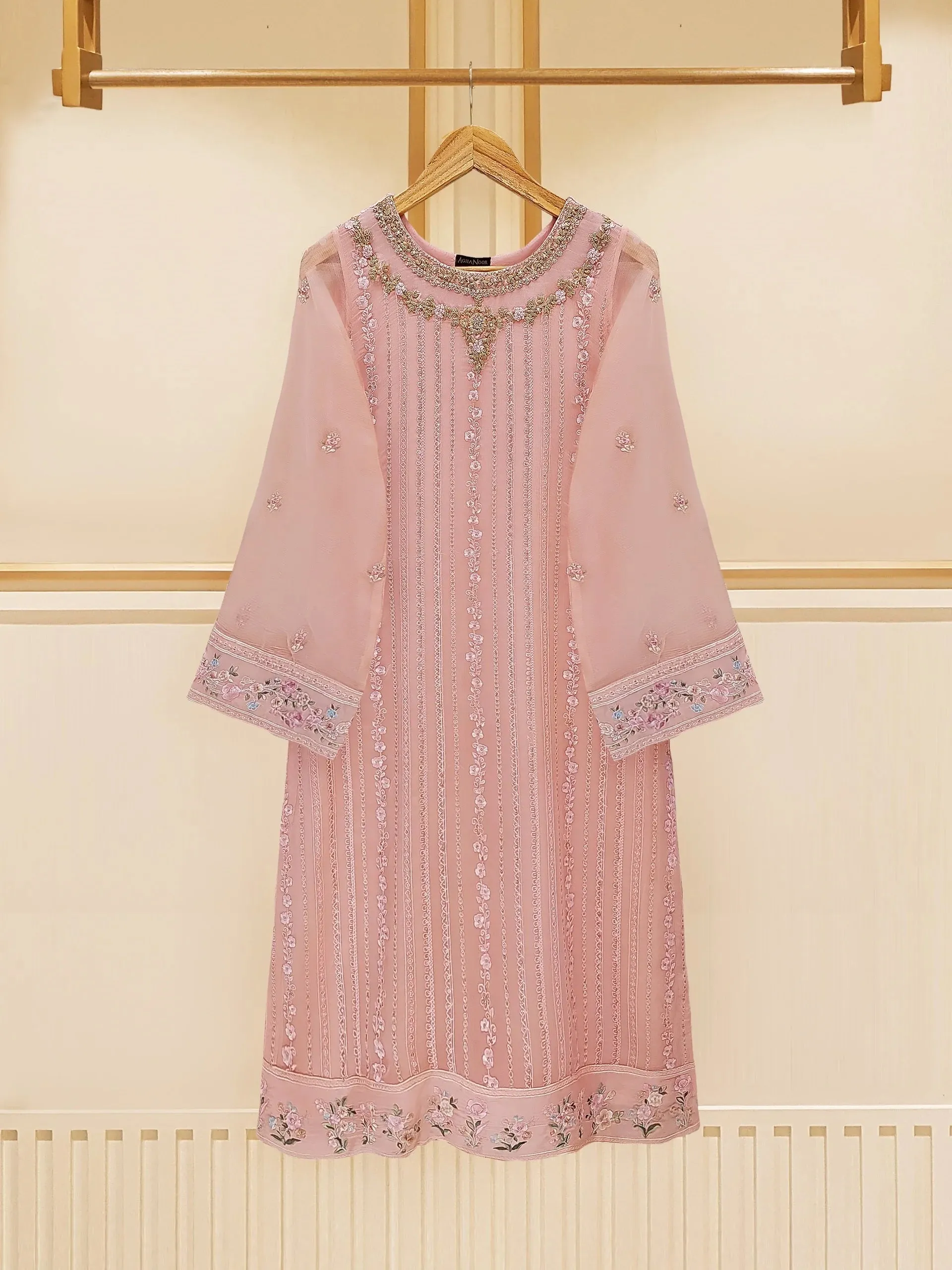 Agha Noor Pink Embroidered Chiffon 3-Piece Suit