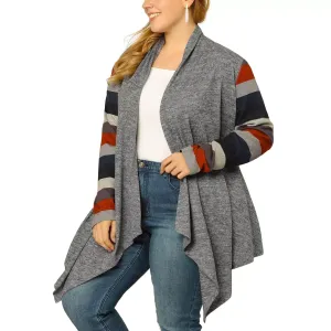 Agnes Orinda Women's Long Sleeve Open Front Knit Cardigan with Striped Print Plus Size , dark blue