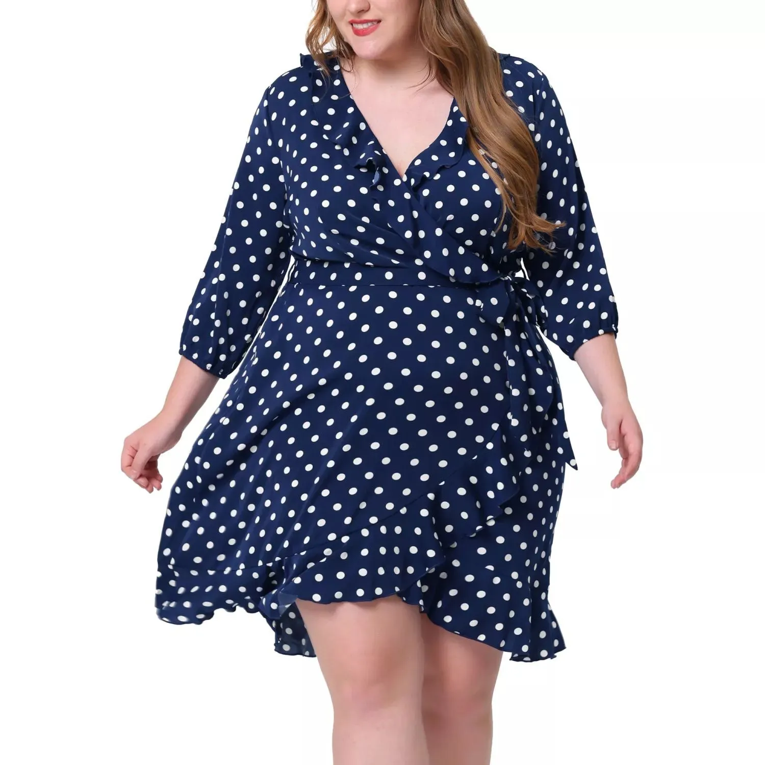 Agnes Orinda Women's Plus Size Ruffle Polka Dot Chiffon Midi Dress dark blue