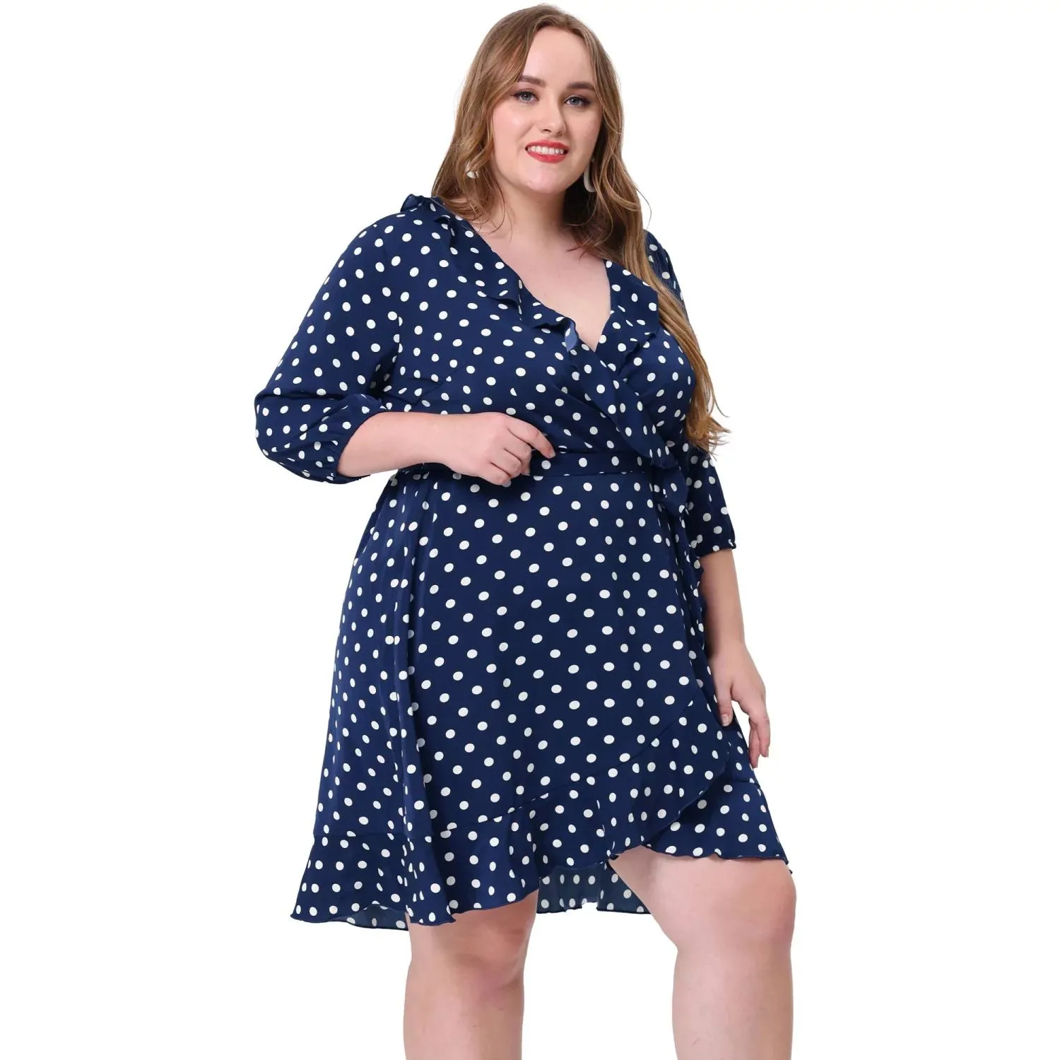 Agnes Orinda Women's Plus Size Ruffle Polka Dot Chiffon Midi Dress dark blue