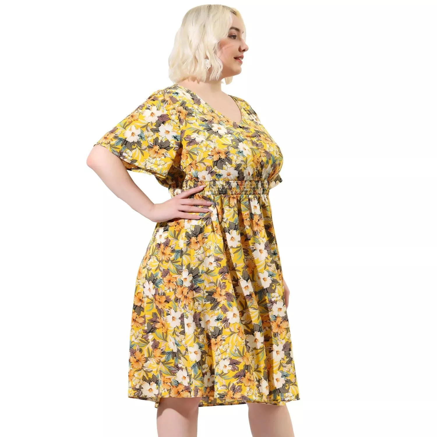 Agnes Orinda Women's Plus Size V Neck Floral Flare Sleeve Casual Midi Dress