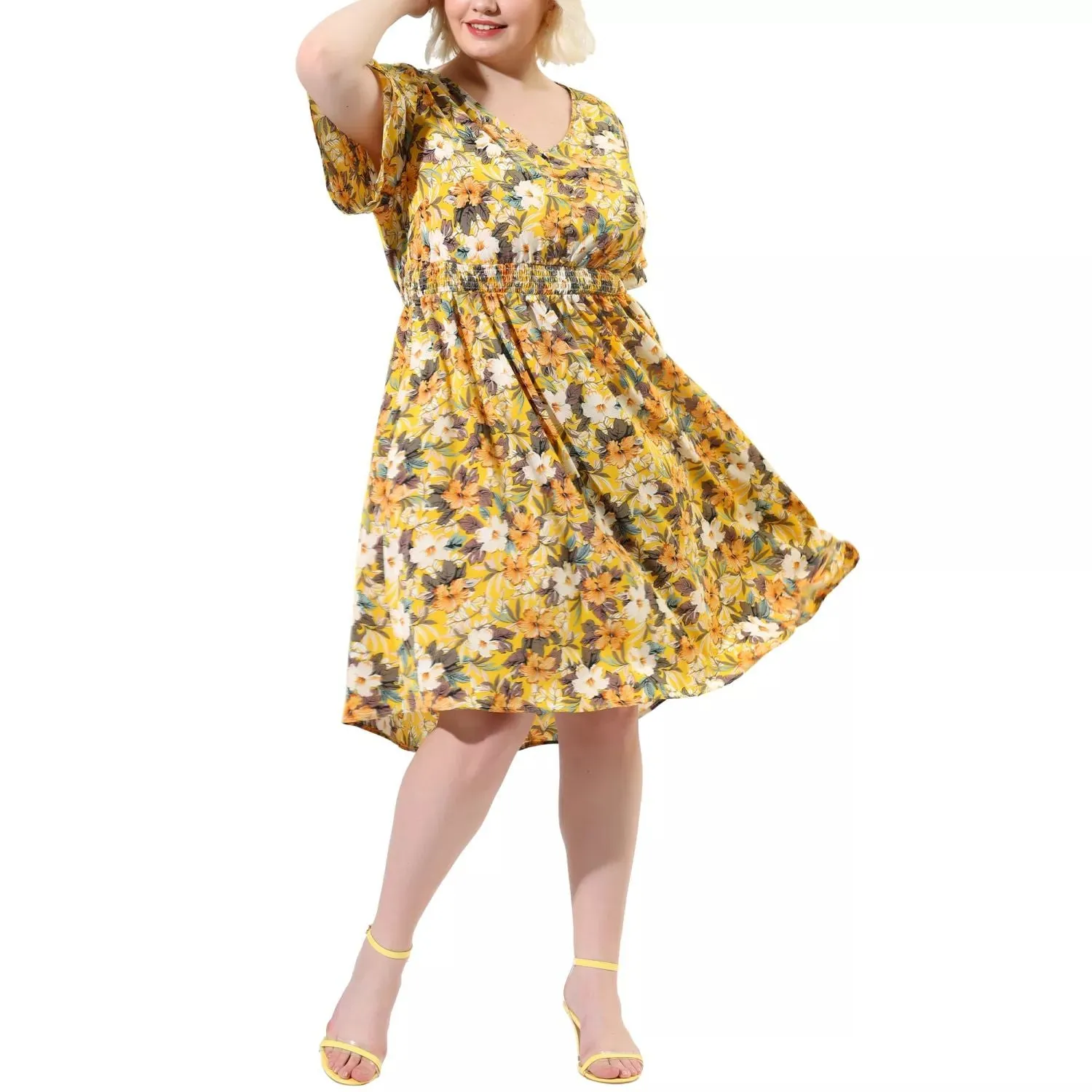 Agnes Orinda Women's Plus Size V Neck Floral Flare Sleeve Casual Midi Dress