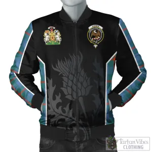 Agnew Ancient Tartan Bomber Jacket with Family Crest and Scottish Thistle Vibes Sport Style