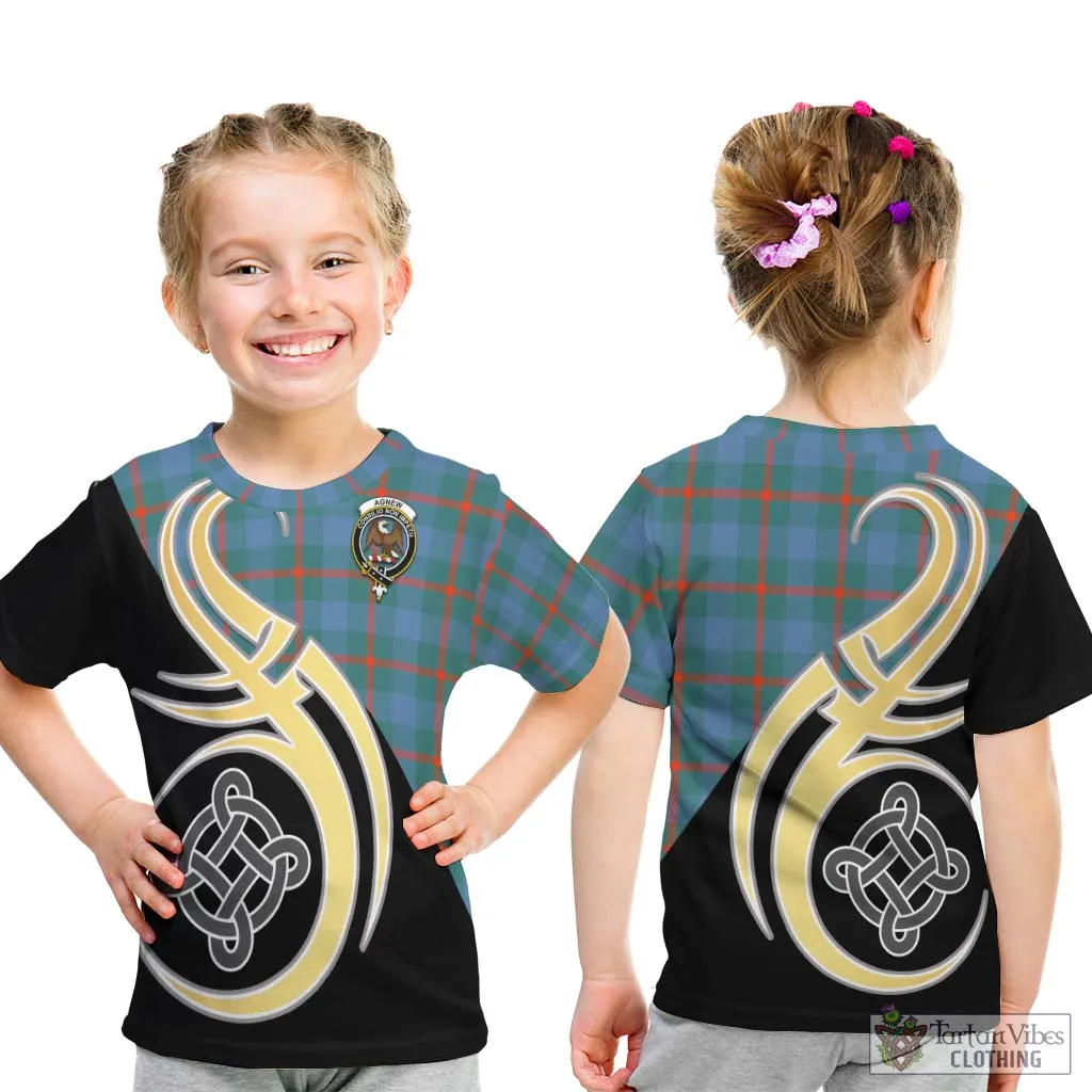 Agnew Ancient Tartan Kid T-Shirt with Family Crest and Celtic Symbol Style