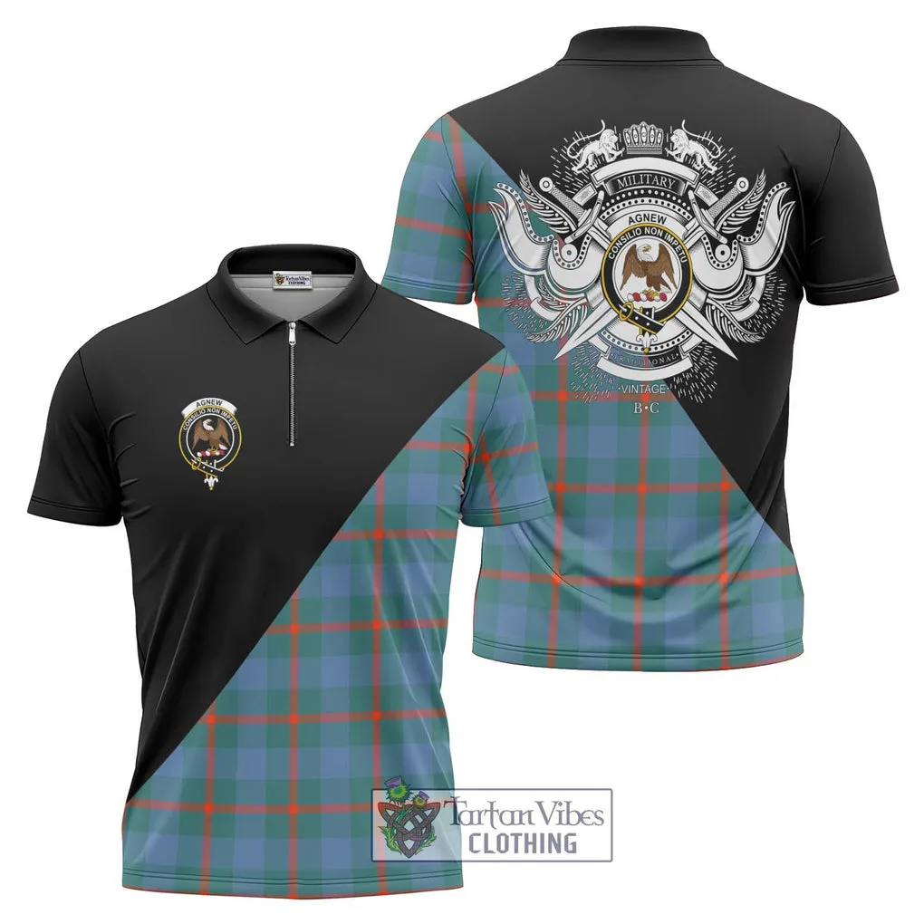 Agnew Ancient Tartan Zipper Polo Shirt with Family Crest and Military Logo Style