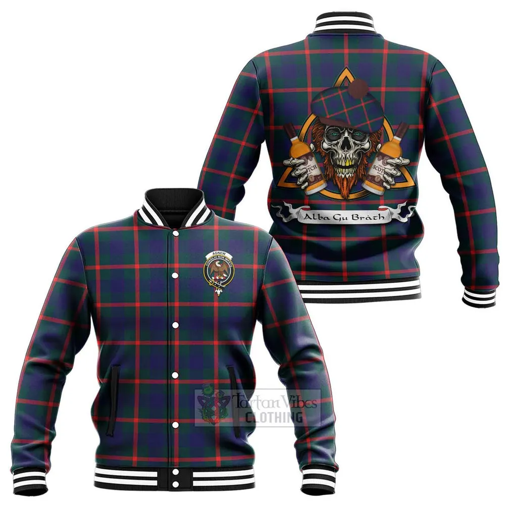 Agnew Tartan Baseball Jacket with Family Crest and Bearded Skull Holding Bottles of Whiskey