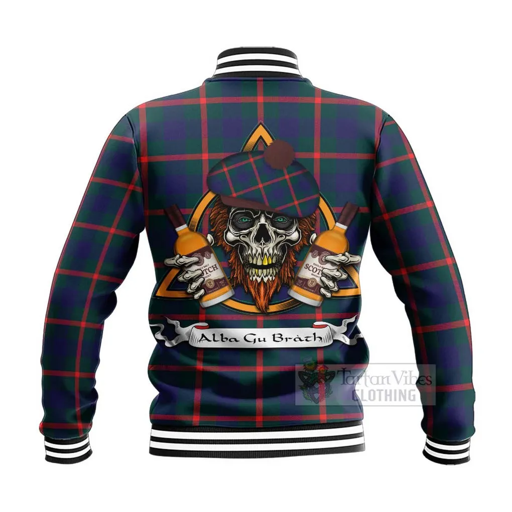 Agnew Tartan Baseball Jacket with Family Crest and Bearded Skull Holding Bottles of Whiskey