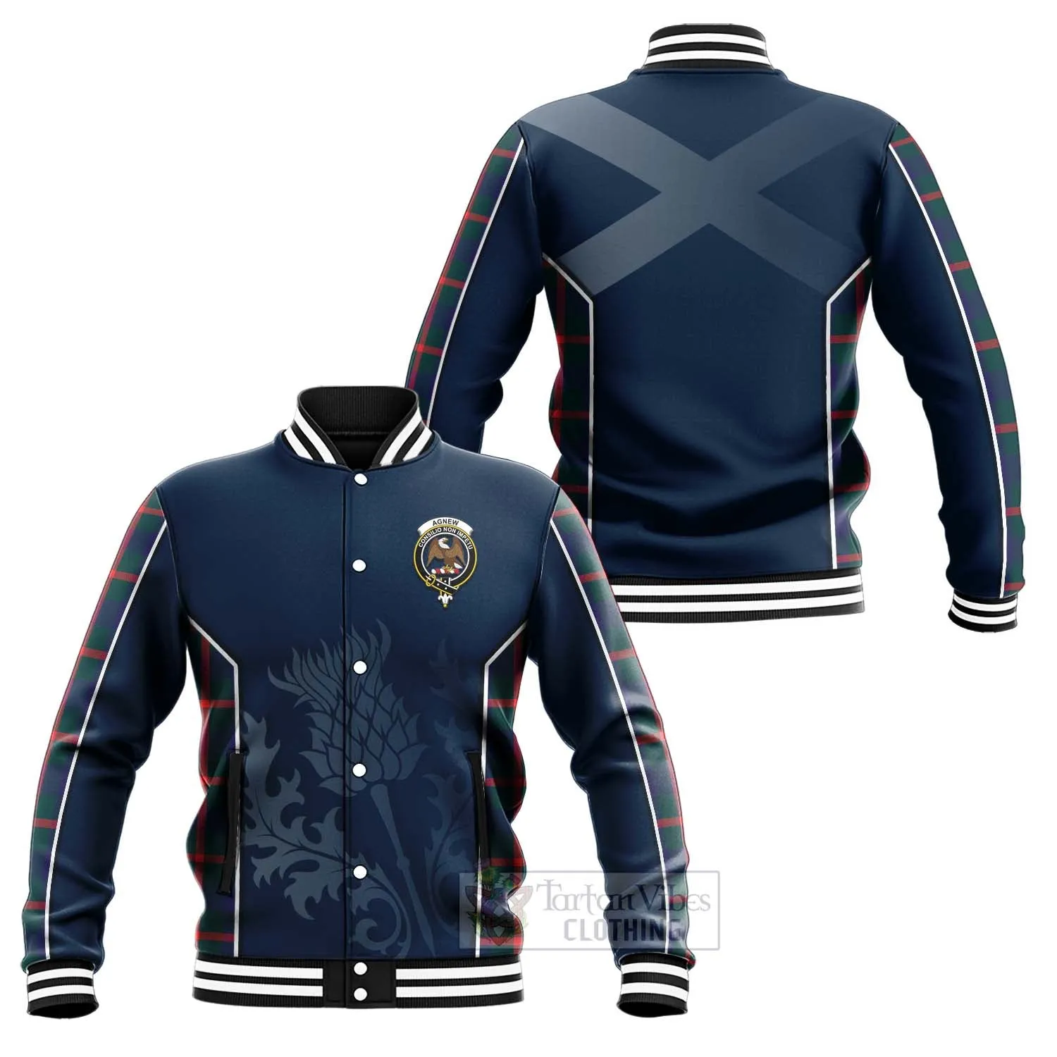 Agnew Tartan Baseball Jacket with Family Crest and Scottish Thistle Vibes Sport Style