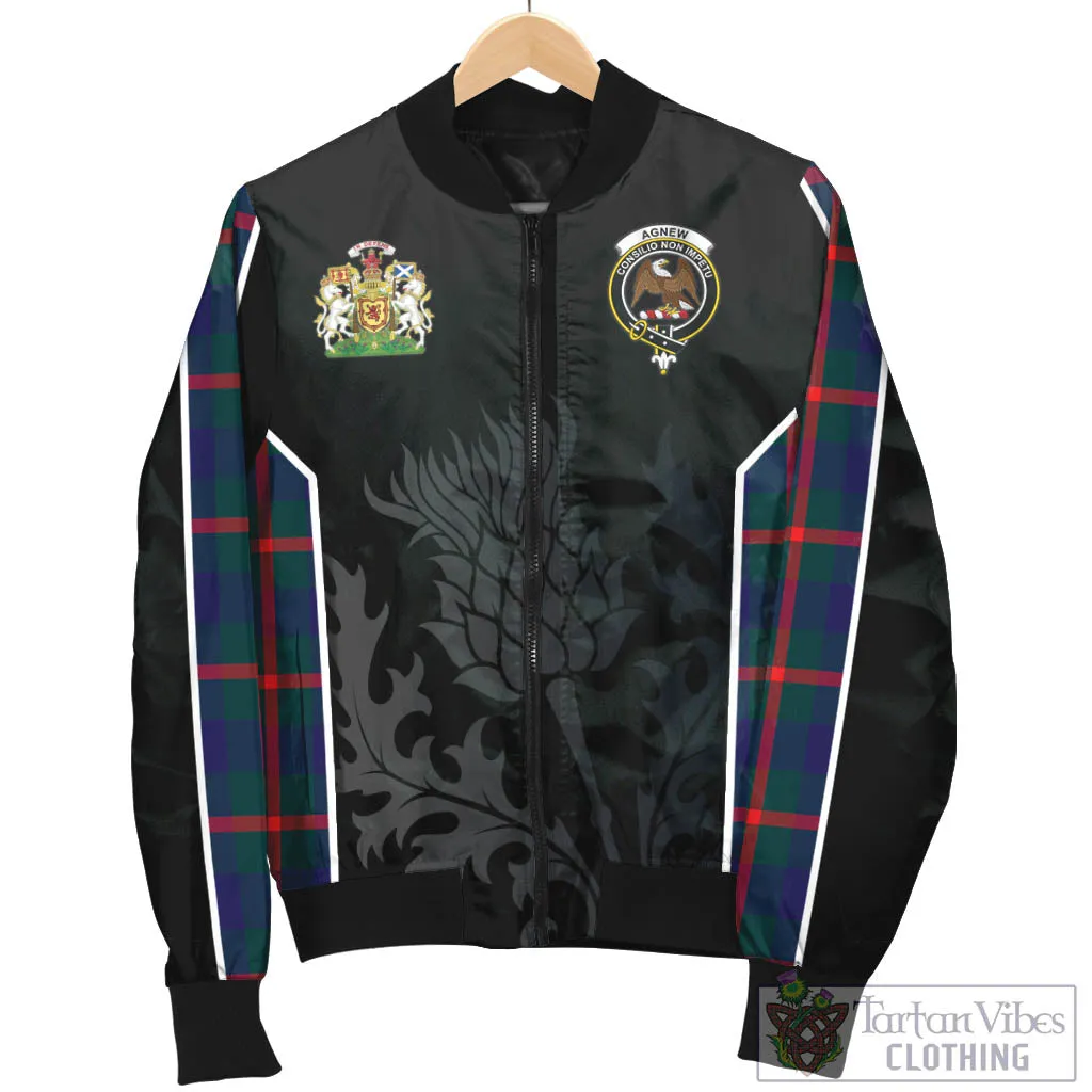 Agnew Tartan Bomber Jacket with Family Crest and Scottish Thistle Vibes Sport Style