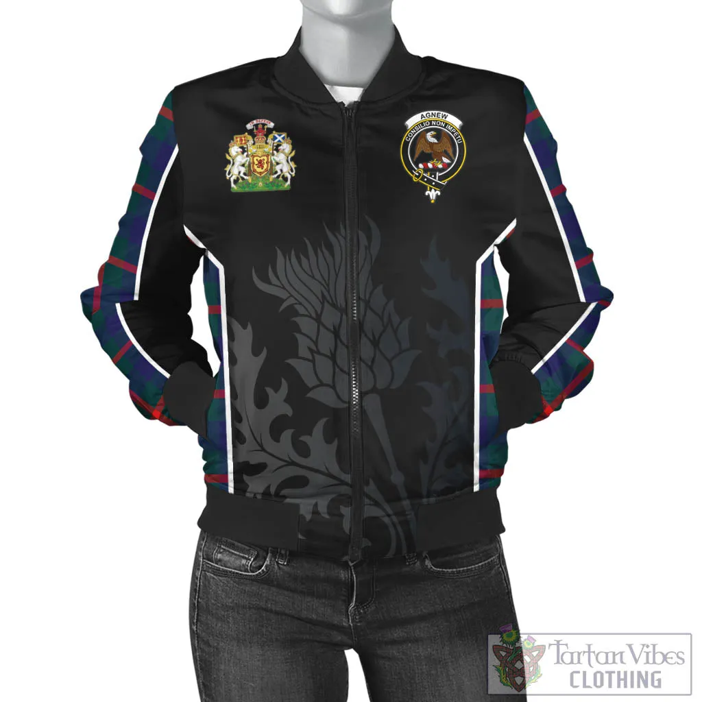 Agnew Tartan Bomber Jacket with Family Crest and Scottish Thistle Vibes Sport Style