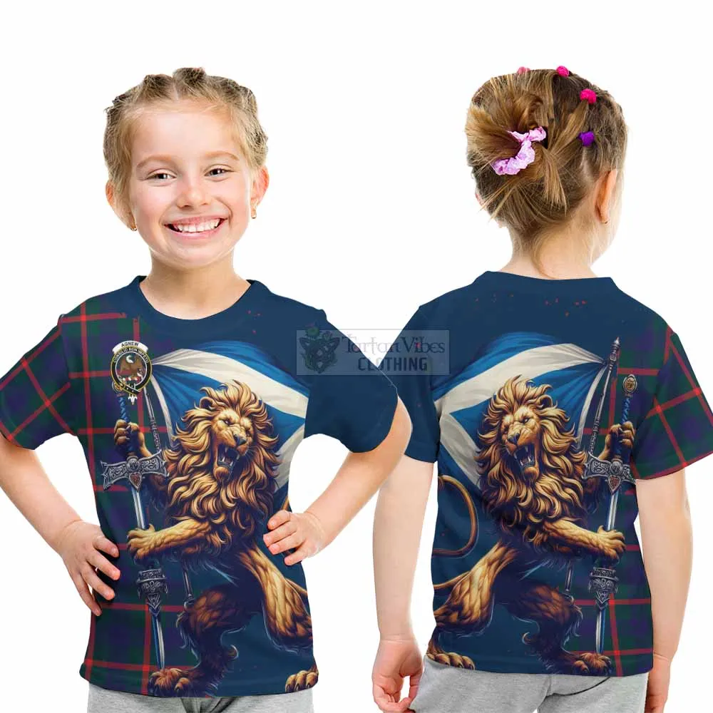 Agnew Tartan Family Crest Kid T-Shirt with Scottish Majestic Lion