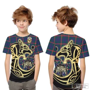 Agnew Tartan Kid T-Shirt with Family Crest Celtic Wolf Style