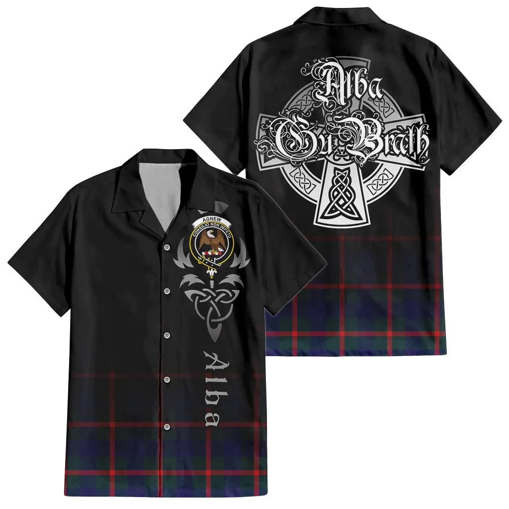 Agnew Tartan Short Sleeve Button Up Shirt Featuring Alba Gu Brath Family Crest Celtic Inspired