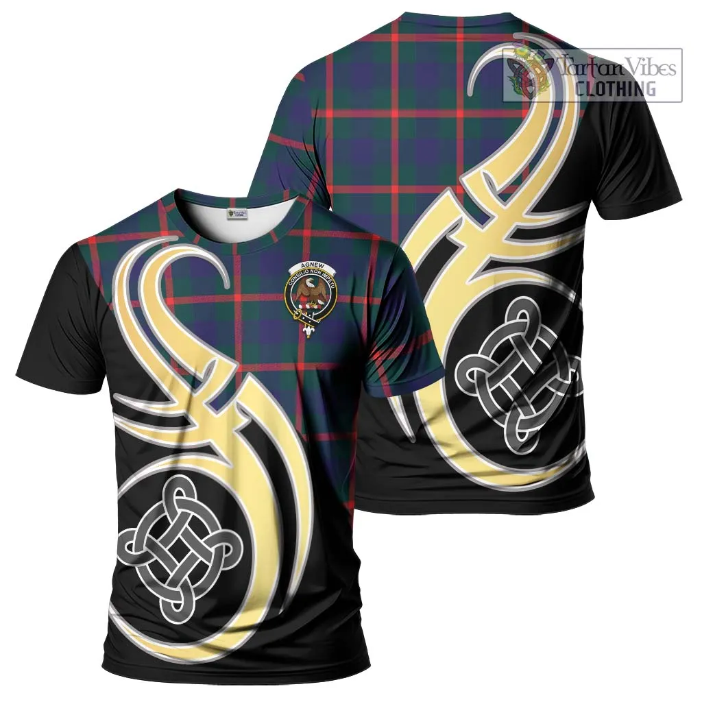 Agnew Tartan T-Shirt with Family Crest and Celtic Symbol Style