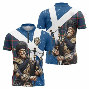 Agnew Tartan Zipper Polo Shirt with Family Crest Scottish Bagpiper Vibes