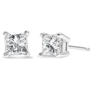 AGS Certified Princess-Cut Square Diamond 4-Prong Solitaire Stud Earrings in 14K Gold (J-K Color, I1-I2 Clarity)