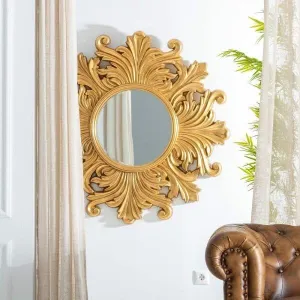 AH.WOODHANDICRAFTS Ornate Wooden Wall Mirror with Intricate Carvings, 50 cm Diameter