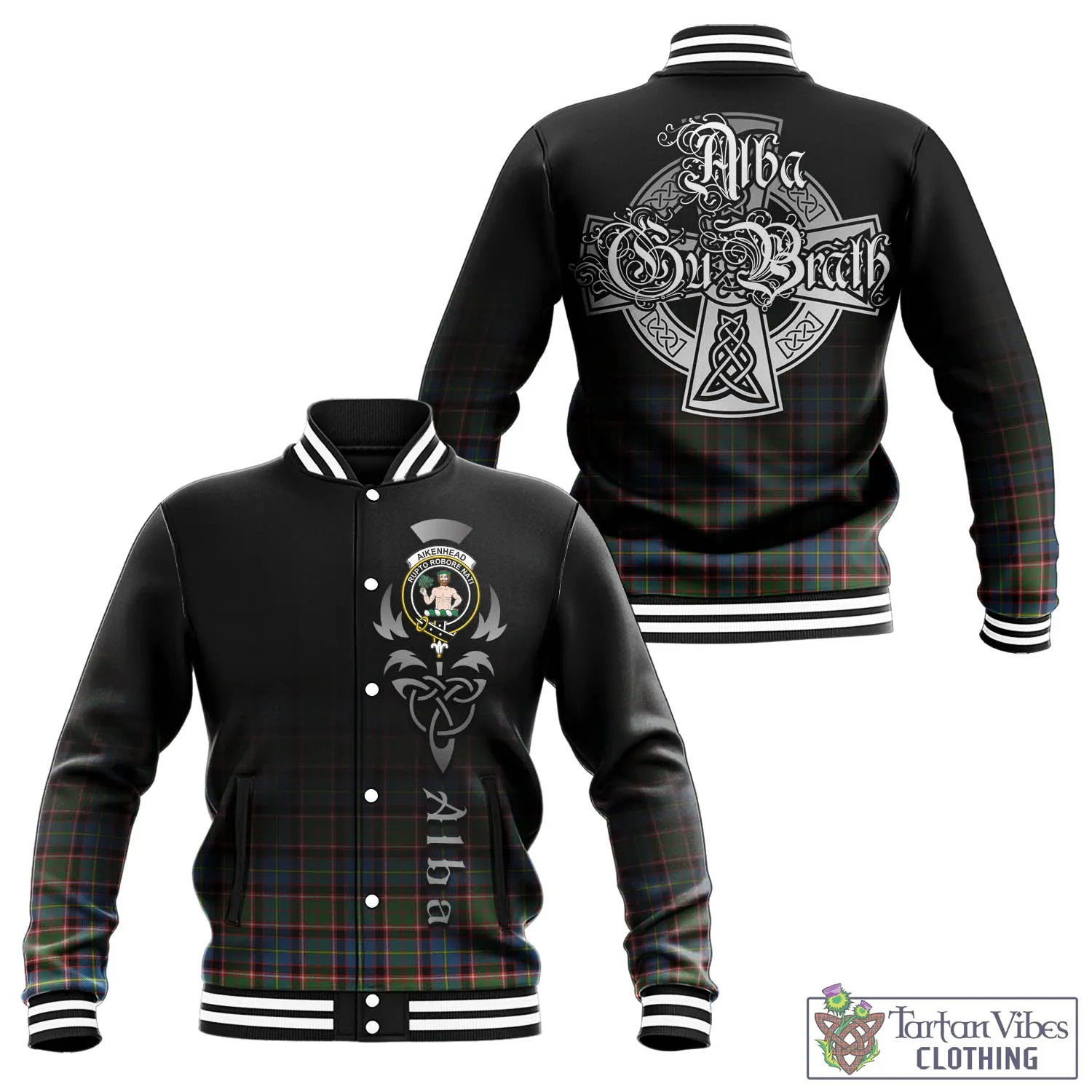 Aikenhead Tartan Baseball Jacket Featuring Alba Gu Brath Family Crest Celtic Inspired