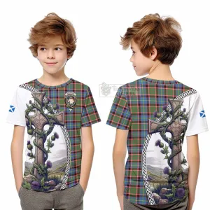 Aikenhead Tartan Kid T-Shirt with Family Crest and St. Andrew's Cross Accented by Thistle Vines