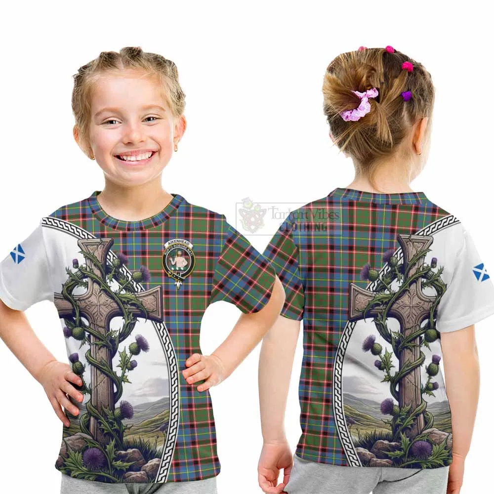 Aikenhead Tartan Kid T-Shirt with Family Crest and St. Andrew's Cross Accented by Thistle Vines