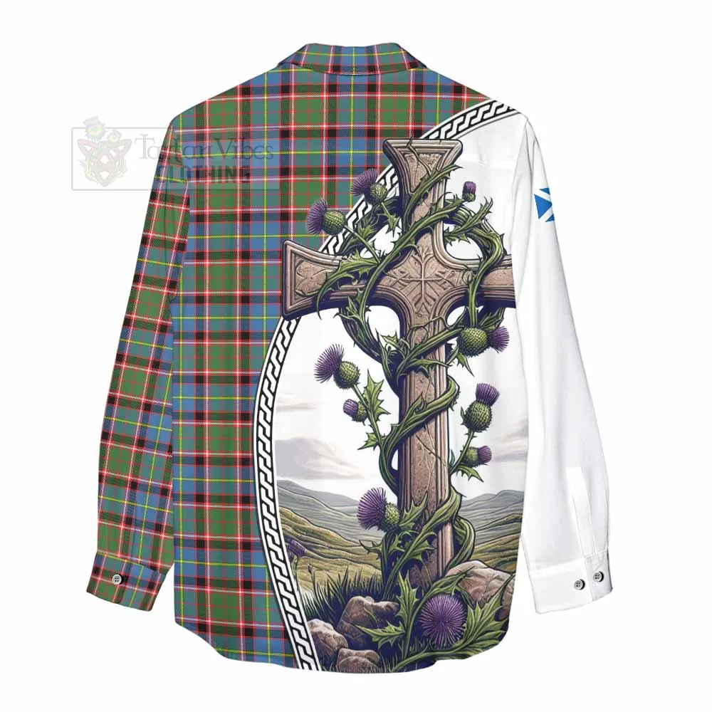 Aikenhead Tartan Women's Casual Shirt with Family Crest and St. Andrew's Cross Accented by Thistle Vines