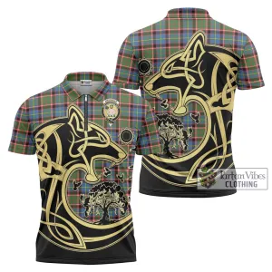 Aikenhead Tartan Zipper Polo Shirt with Family Crest Celtic Wolf Style