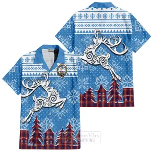 Ainslie Clan Christmas Short Sleeve Button Shirt Celtic Reindeer Style