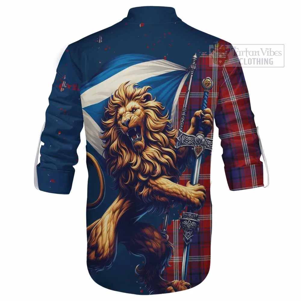 Ainslie Tartan Family Crest Ghillie Kilt Shirt with Scottish Majestic Lion