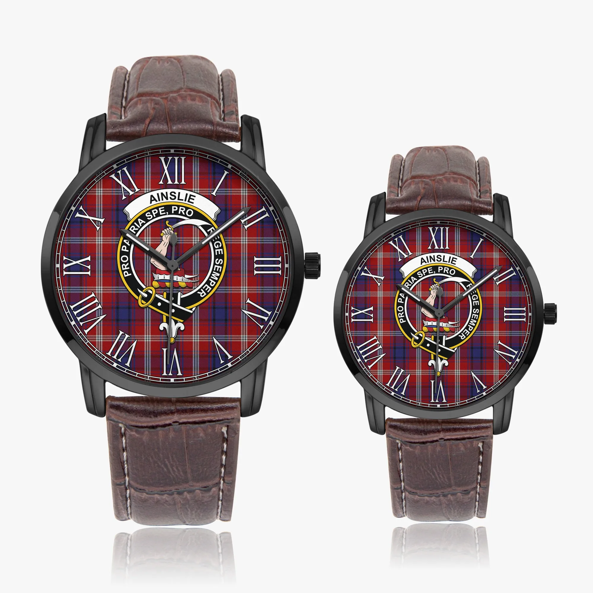 Ainslie Tartan Family Crest Leather Strap Quartz Watch