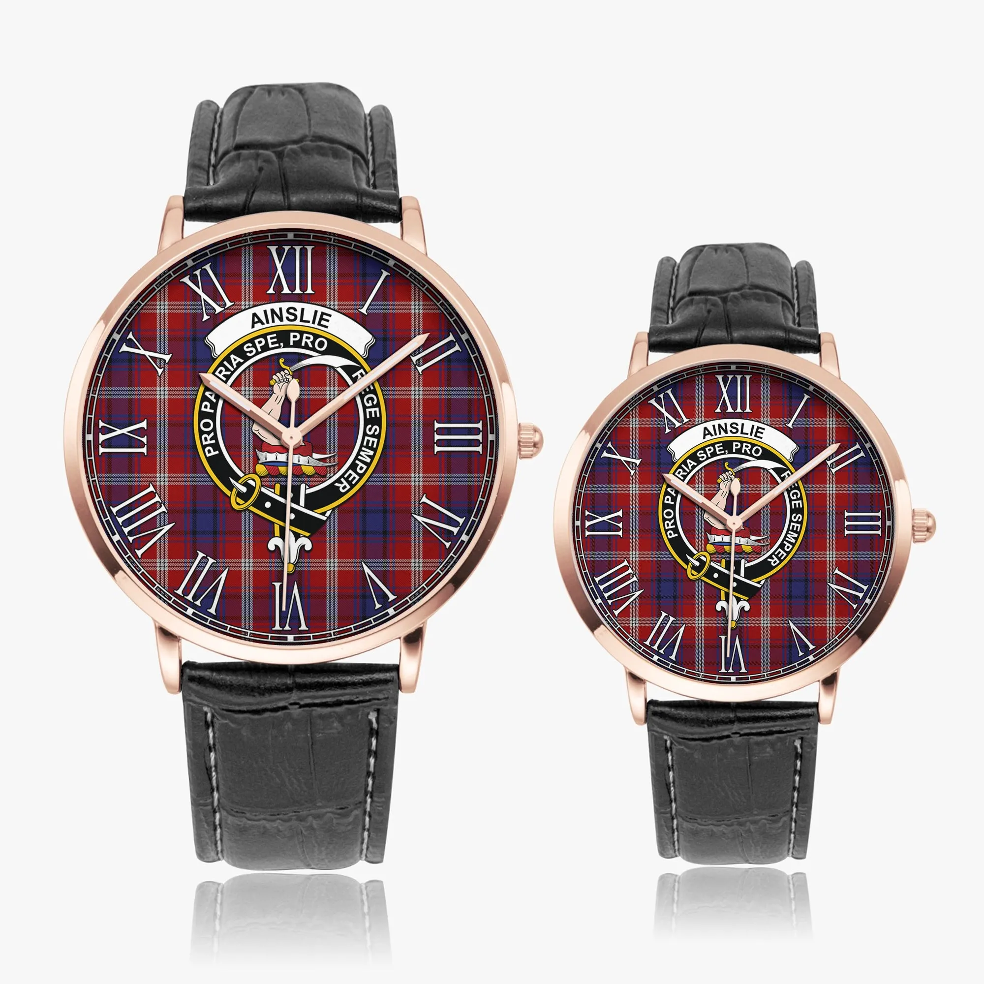 Ainslie Tartan Family Crest Leather Strap Quartz Watch