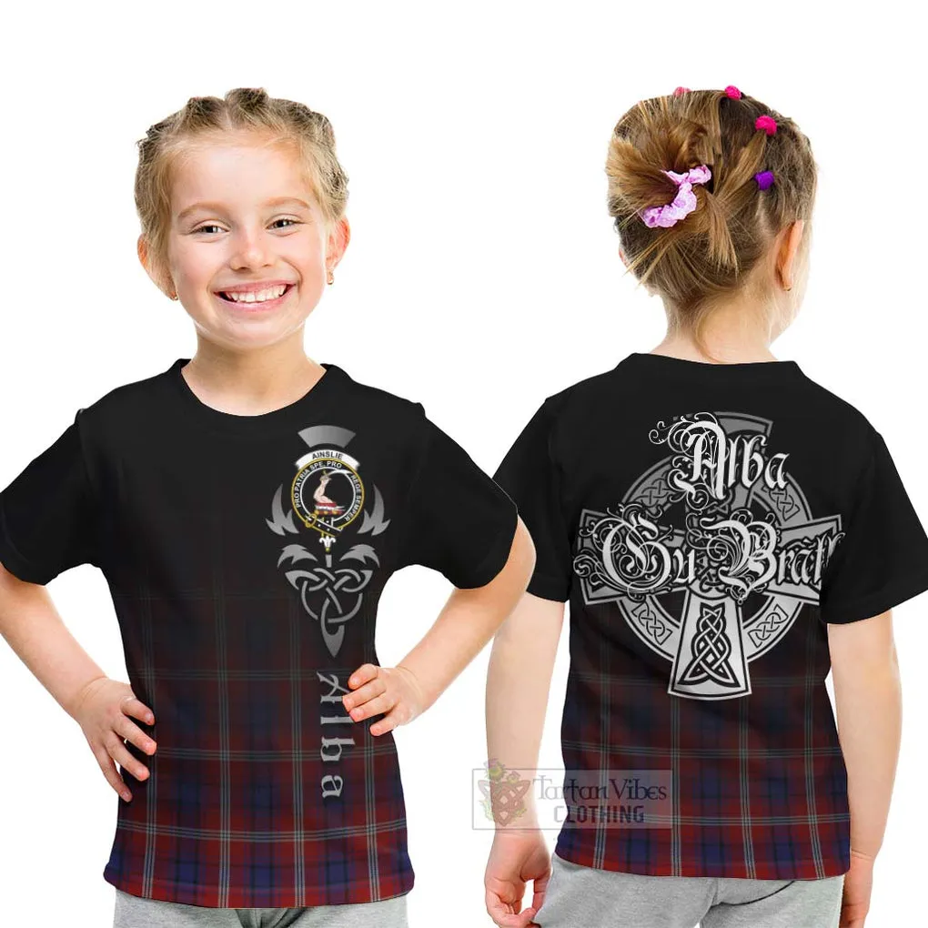 Ainslie Tartan Kid T-Shirt Featuring Alba Gu Brath Family Crest Celtic Inspired