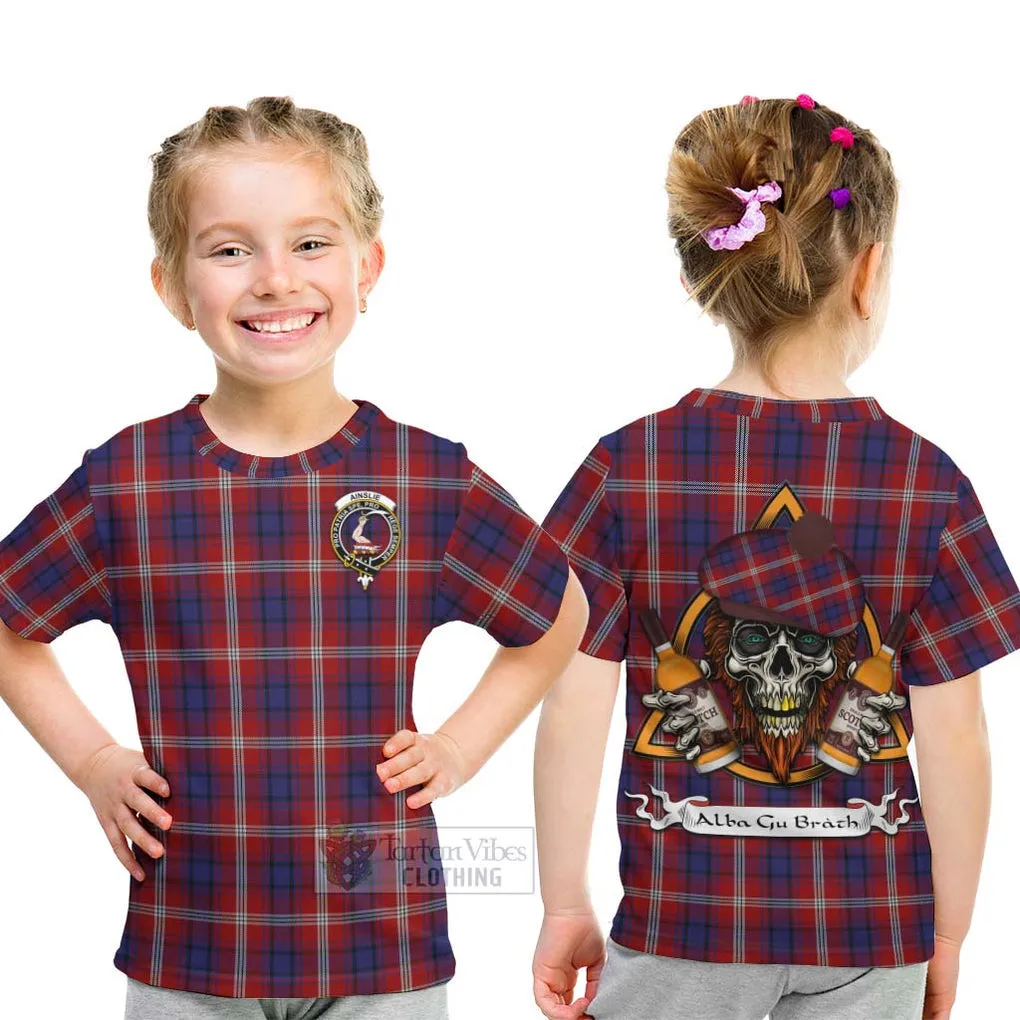 Ainslie Tartan Kid T-Shirt with Family Crest and Bearded Skull Holding Bottles of Whiskey