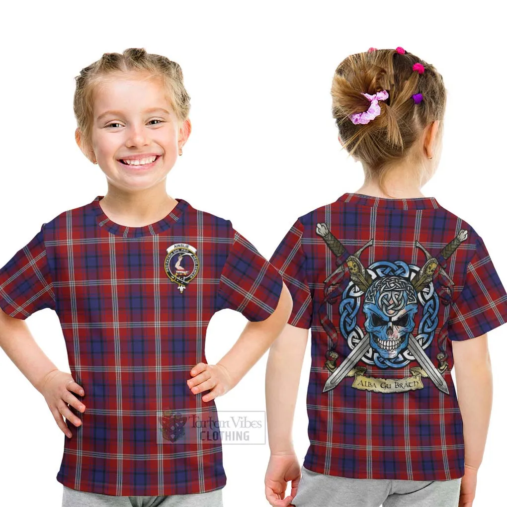 Ainslie Tartan Kid T-Shirt with Family Crest Celtic Skull Style