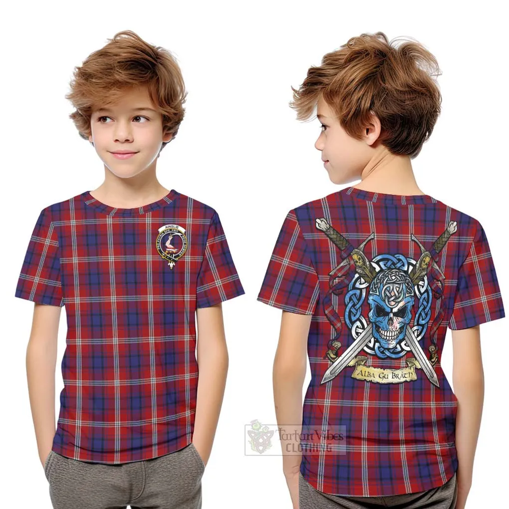 Ainslie Tartan Kid T-Shirt with Family Crest Celtic Skull Style