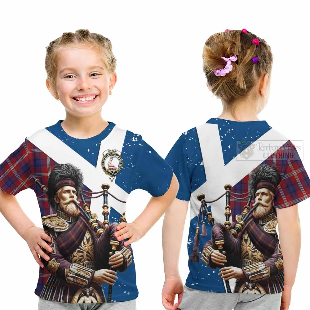 Ainslie Tartan Kid T-Shirt with Family Crest Scottish Bagpiper Vibes