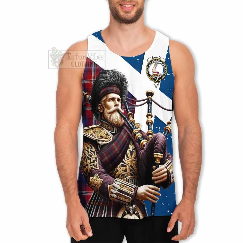 Ainslie Tartan Men's Tank Top with Family Crest Scottish Bagpiper Vibes