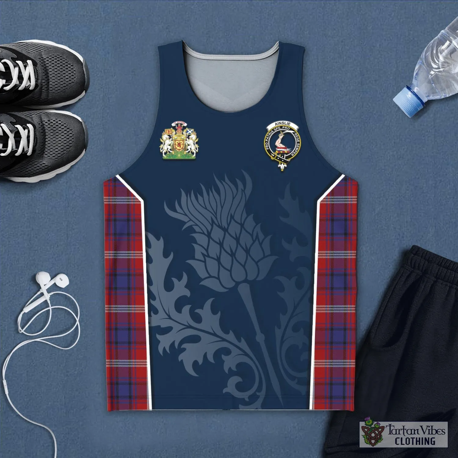 Ainslie Tartan Men's Tanks Top with Family Crest and Scottish Thistle Vibes Sport Style