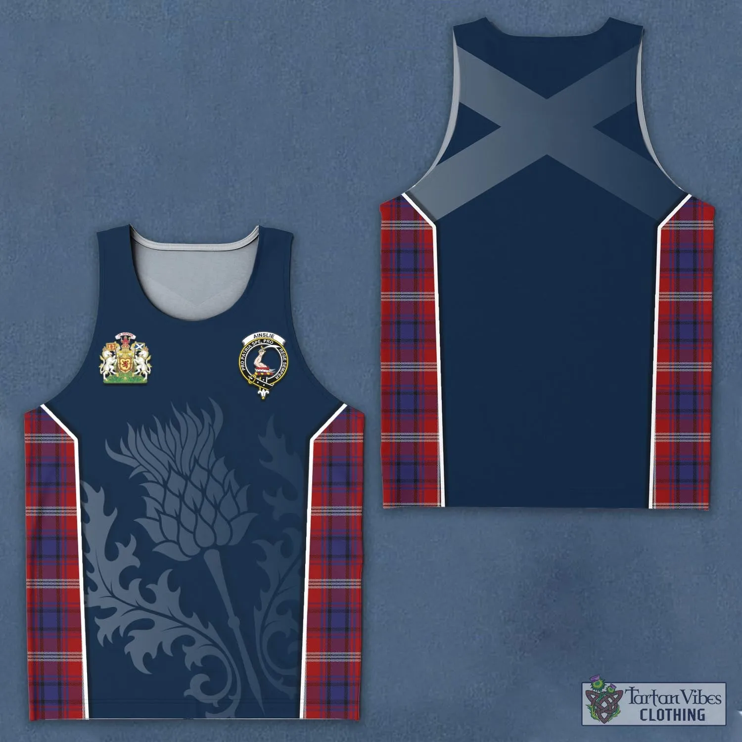 Ainslie Tartan Men's Tanks Top with Family Crest and Scottish Thistle Vibes Sport Style