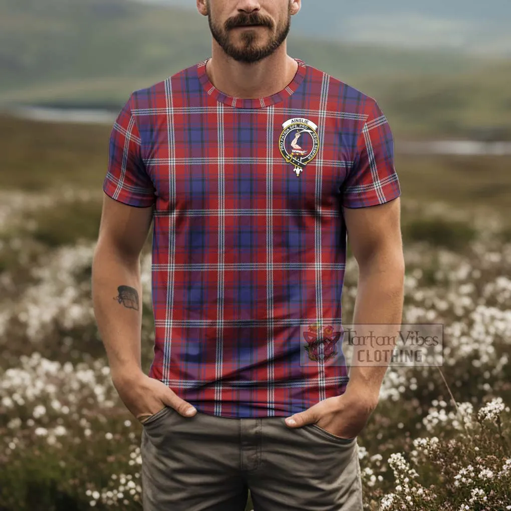 Ainslie Tartan T-Shirt with Family Crest and Bearded Skull Holding Bottles of Whiskey