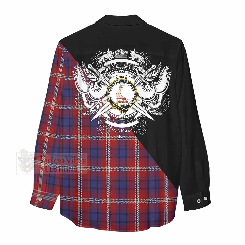 Ainslie Tartan Women's Casual Shirt with Family Crest and Military Logo Style