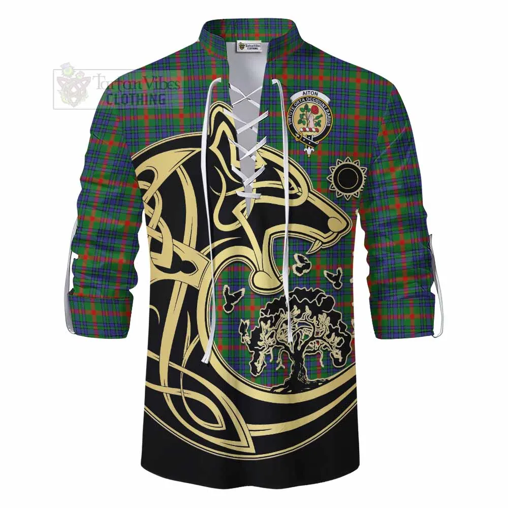 Aiton Tartan Ghillie Kilt Shirt with Family Crest Celtic Wolf Style