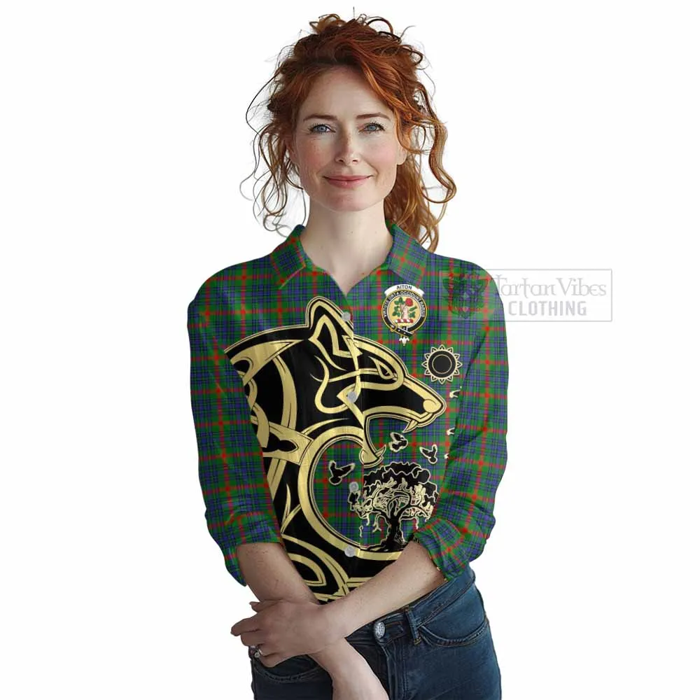 Aiton Tartan Women's Casual Shirt with Family Crest Celtic Wolf Style