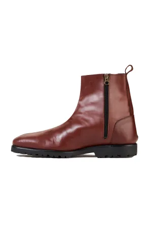 Ajadi Biker Boots in Brown Leather with Side Zipper and Lug Rubber Soles