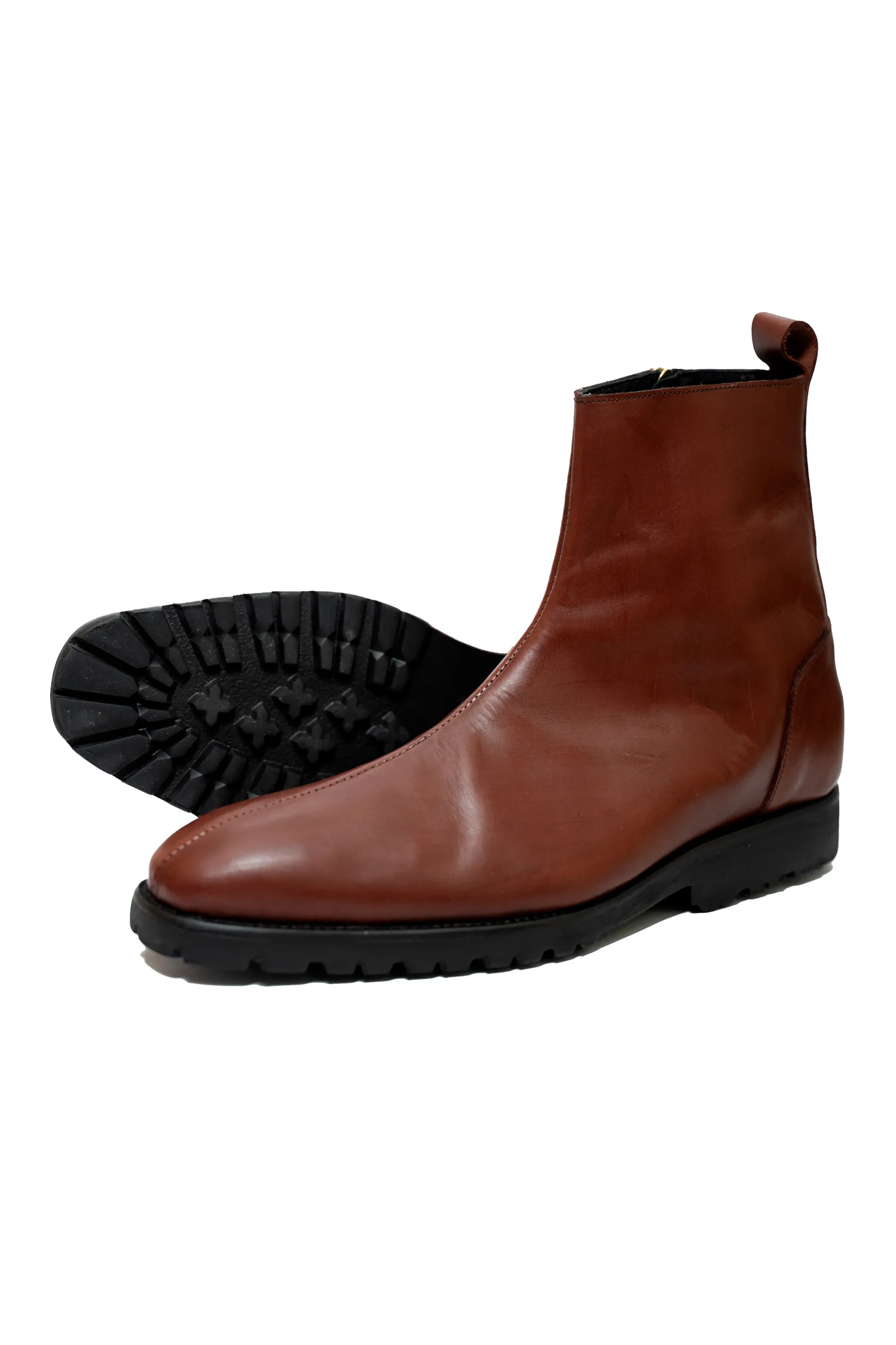 Ajadi Biker Boots in Brown Leather with Side Zipper and Lug Rubber Soles