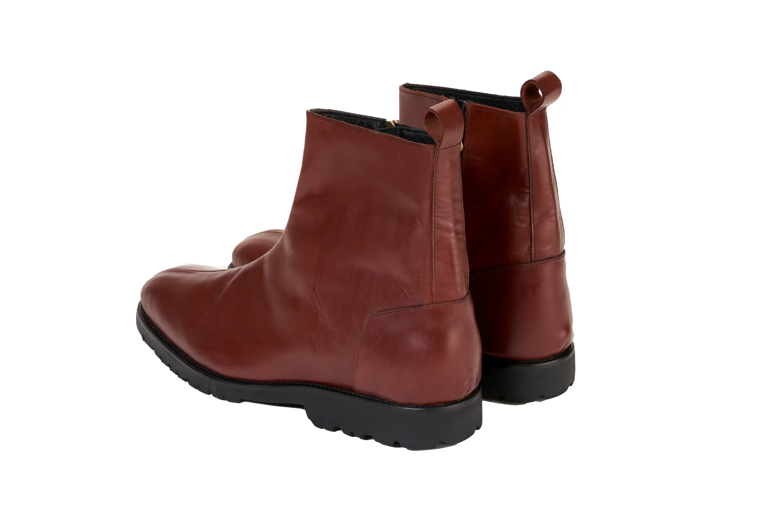 Ajadi Biker Boots in Brown Leather with Side Zipper and Lug Rubber Soles