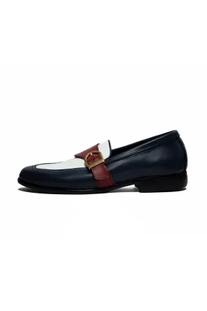 Ajadi Loafers in Navy Blue and White Leather with Red Strap Buckle