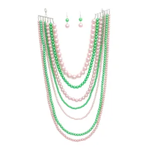 AKA Sorority Inspired Pink Green Pearl Long 7 Row Necklace