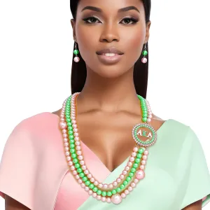 AKA Sorority Inspired Pink Green Pearl Long Brooch Necklace