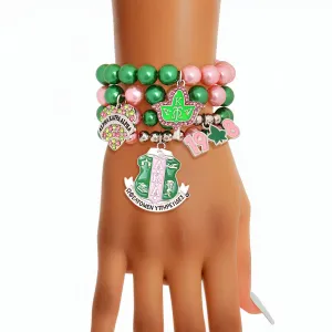 AKA Sorority Inspired with Alpha Kappa Alpha Pink Green Pearl Bracelets